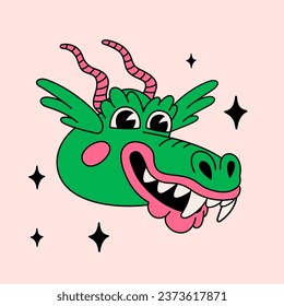 Retro style Funny cartoon Dragon head. Groovy vintage 70s, character symbol of the Chinese New Year. Ideal for festive designs, stickers, decorations,