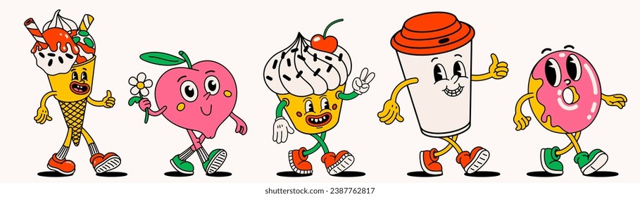 Retro style Funny cartoon food. Groovy vintage 70s coffee cup, donut, ice cream cone, peach and cupcake characters with cute faces walking.