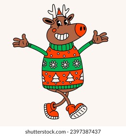 Retro style Funny cartoon reindeer. Groovy vintage 70s deer character in Santa hat and christmas ugly jumper.