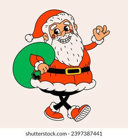 Retro style Funny cartoon Santa Claus. Groovy vintage 70s Santa character with bag of gifts