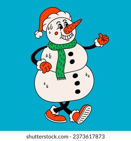 Retro style Funny cartoon snowman in Santa hat. Groovy vintage 70s snowman character with smile and thumbs up. Ideal for Christmas and New Year sticker designs and decorations