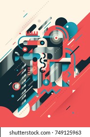Retro style futuristic abstraction, made of various geometric shapes and objects. Modish composition. Vector illustration.