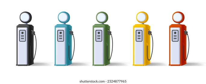 Retro style Gas station illustration with round price board and hose, 3d soft render style graphics in different colors icons