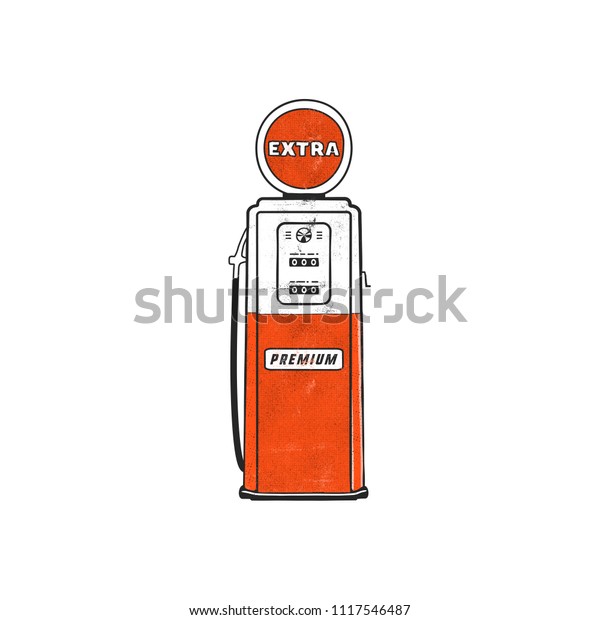 Retro style Gas station\
pump artwork. Vintage hand drawn design in distressed style. Unique\
gasoline pump illustration. Stock vector isolated on white\
background.
