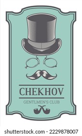 retro style Gentleman with mustaches, glasses, top hat and Victorian logo lable template. Icon set vector. Hand drawn illustration