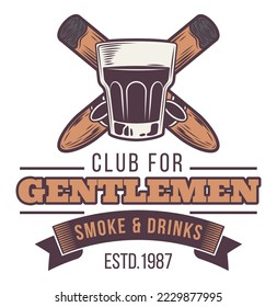 Retro Style gentleman triangular monochrome logo with crossed cuban cigars glass of whiskey solated vector illustration