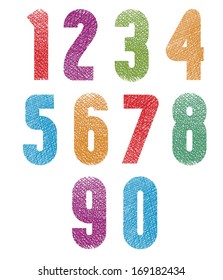Retro style geometric bold rounded numbers set with hand drawn lines texture.