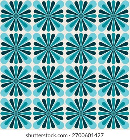 Retro Style Geometric Flower Repeating Pattern Illustration in Teal and Beige