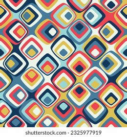 Motif géométrique de style rétro avec carrés concentriques sur fond multicolore. Design vintage. Motif harmonieux de répétition. Illustration vectorielle pour le textile, le tissu, l'emballage et l'impression. 