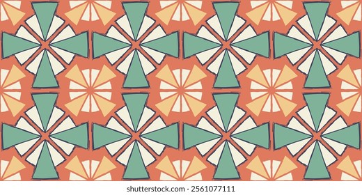 Retro style geometric pattern featuring triangular and circular elements in earthy tones. Vector pattern is a evoking a vintage aesthetic.