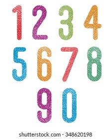 Retro style geometric rounded numbers set with hand drawn lines texture.