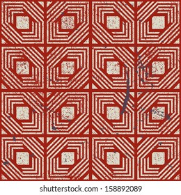 Retro style geometric seamless background, vintage vector repeat pattern with aged grunge dirty texture.