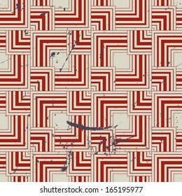 Retro style geometric seamless background, vintage vector repeat pattern with aged grunge dirty texture.