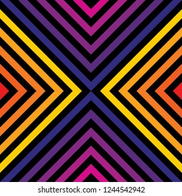 Retro 1980-1990’s style geometric seamless pattern. Vector abstract graphic texture with square tiles, diagonal lines, stripes, rhombuses, chevron. Trendy cover background in bright rainbow colors