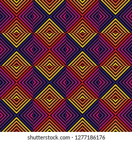 Retro 1980-1990’s style geometric seamless pattern. Vector abstract graphic texture with square tiles, diagonal lines, stripes, rhombuses, chevron. Trendy repeated background in bright rainbow colors