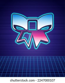Retro style Gift bow icon isolated futuristic landscape background. 80s fashion party. Vector