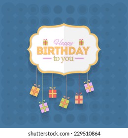 Retro Style Gift Boxes Hanging Flat Happy Birthday Vector Design. Announcement and Celebration Message Poster 