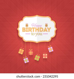 Retro Style Gift Boxes Hanging Flat Happy Birthday Vector Design. Announcement and Celebration Message Poster 