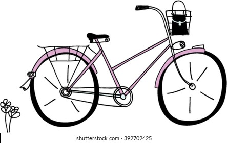 Retro style girl bicycle. Vector. Bike doodle. 