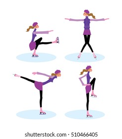 Retro style girl doing ice skating exercises. Ice skating workout. Vector illustration