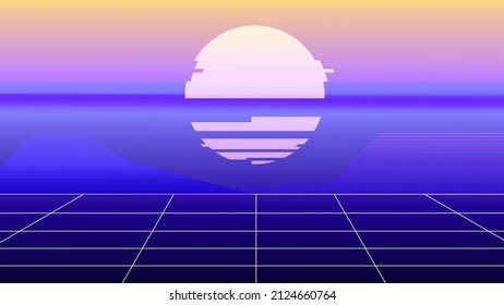 Retro Style Glitched Sunset, With Landscape Grid and mountain