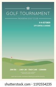 Retro style golf club poster. Blue sky and green golf field. Golfclub competition poster. Championship or tournament text placeholder. Template for golf competition or championship event. - Shutterstock ID 1192554235