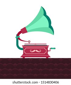 Retro style gramophone with decor of moustache. Vintage flat design isolated on white. Art deco seamless pattern, 1920-30s floral motifs. Vector illustration 