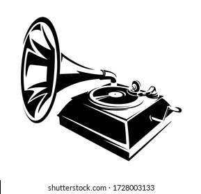 retro style gramophone record player for vinyl - black and white antique phonograph vector outline