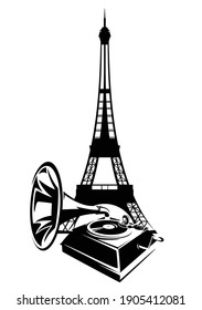 retro style gramophone record player for vinyl and eiffel tower - black and white antique phonograph vector outline