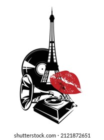 retro style gramophone record player for vinyl and eiffel tower with red kiss mark - audiophile concept vector outline decor design