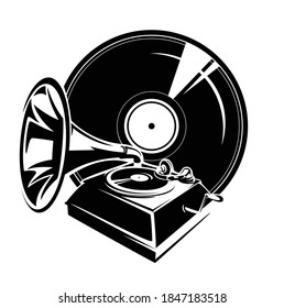 retro style gramophone and vinyl disk record - vintage music equipment and albums black and white vector design