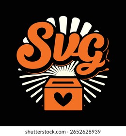 A retro style graphic featuring the word above a box with a heart, surrounded by sun rays.
