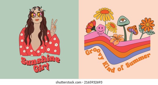 Retro style graphic illustration for stickers, t-shirt prints and posters. Boho hippie woman, rainbows and mushroom and flower elements.