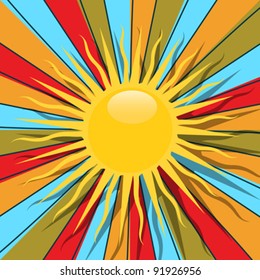 Retro style graphic with sun and rays in colors, abstract art.