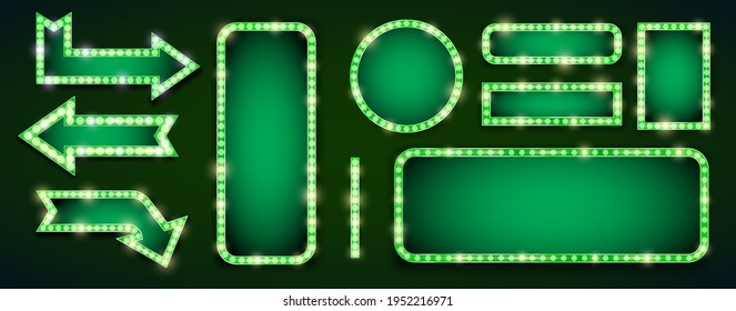 Retro style green frames and arrows signboard template. Lamps lighted vector illustration