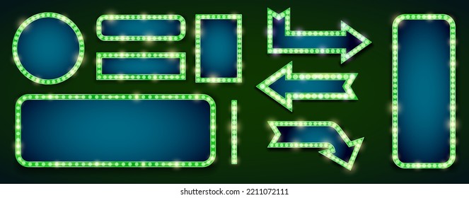 Retro style green frames and arrows signboard template. Lamps lighted vector illustration