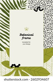 Retro style green tropical leaves and geometry template. Eco-friendly design for print, business card, invitation, banner