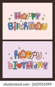 Retro style greeting card layout with happy birthday lettering in playful and colorful design perfect for celebration party favor printable and cheerful decoration