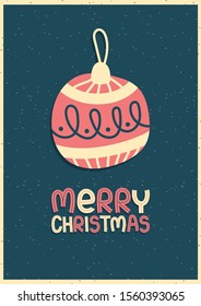 Retro style greeting card template with tree toy on dark background. Merry christmas lettering. Hand written vector illustration