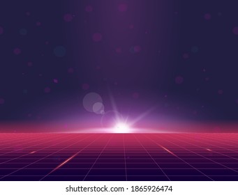 Retro style grid background eighties banner. Sun rising above grid plane. Purple and pink gradients glowing and sun flares. Futuristic tile and texture. Geometric grid horizon background.