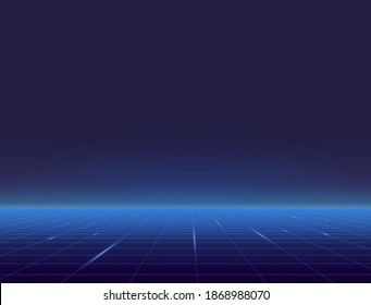 Retro style grid background eighties banner. Blue grid plane with glowing horizon. Blue and light blue gradients glowing grid. Futuristic tile and texture. Geometric grid horizon background.