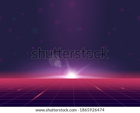 Retro style grid background eighties banner. Sun rising above grid plane. Purple and pink gradients glowing and sun flares. Futuristic tile and texture. Geometric grid horizon background.