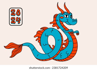 Retro style groovy cartoon dragon greeting card. Vintage 70s a funny smiling dragon character, symbol of the year, in red and blue colors