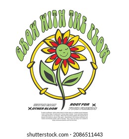 Retro style Grow with the flow slogan print with Happy, cute sunflower ,Hipster graphic vector pattern for tee, t-shirt and sweatshirt