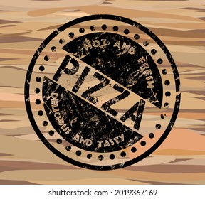 retro style grungy pizza stamp on wood texture, pizza box design,vector illustration