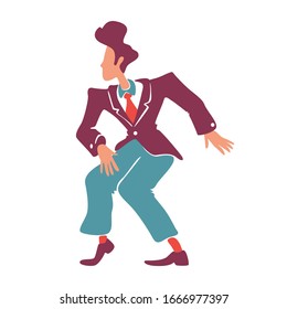 Retro style guy in vintage suit dancing flat color vector faceless character. Old fashioned cool caucasian man having fun. Boogie woogie male elegant dancer isolated cartoon illustration