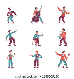 Retro Style Guys Flat Color Vector Faceless Characters Set. Stylish 50s Men. Old Fashioned Rock N Roll Male Dancers, Jazz Band Musicians Isolated Cartoon Illustrations On White Background