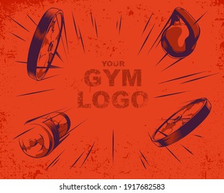 Retro style gym banner. Vintage design poster. sport equipment.