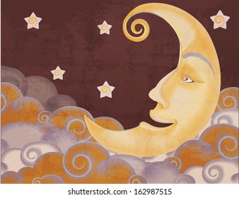 Retro style half moon, clouds and stars illustration