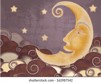 Retro style half moon, clouds and stars illustration